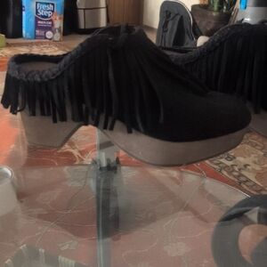 Yellow Box Black Fringe Clogs